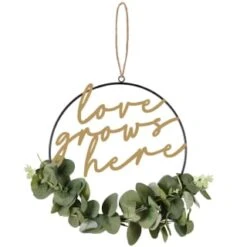 B&M Botanical Garden Hanging Hoop With Slogan -B&M 379615 botanical garden metal hoop with gold wording and leaves love grows here