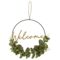 B&M Botanical Garden Hanging Hoop With Slogan -B&M 379615 botanical garden metal hoop with gold wording and leaves welcome